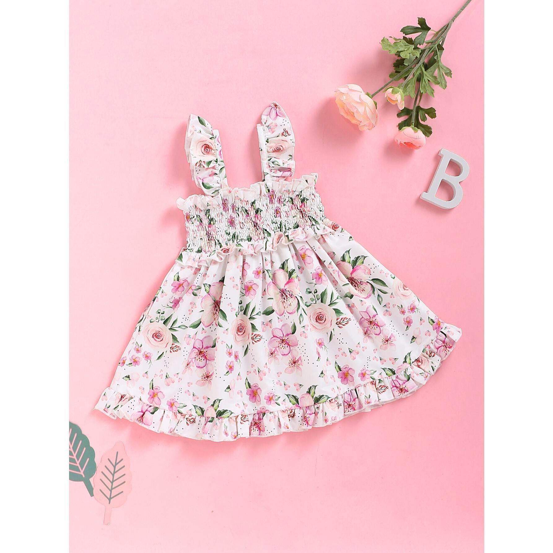 3-24M kid fashion Girl Dress Ruffle Floral Strap Dress Infant Baby Girl Summer Sleeveless Dress Casual Dress Catpapa WL1912039