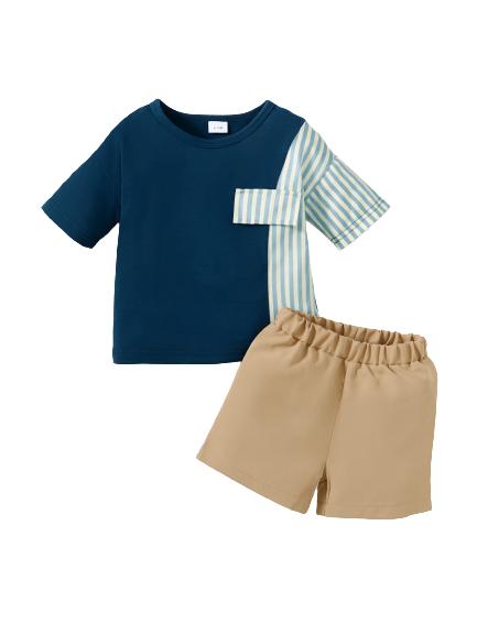 3-24M Ready Stock [3-6m] Baby Boys Summer Clothes Stripe Fake Pocket Color Block Casual Shirt Elastic Shorts 2Pcs Outfit Sets Blue Catpapa 462307305