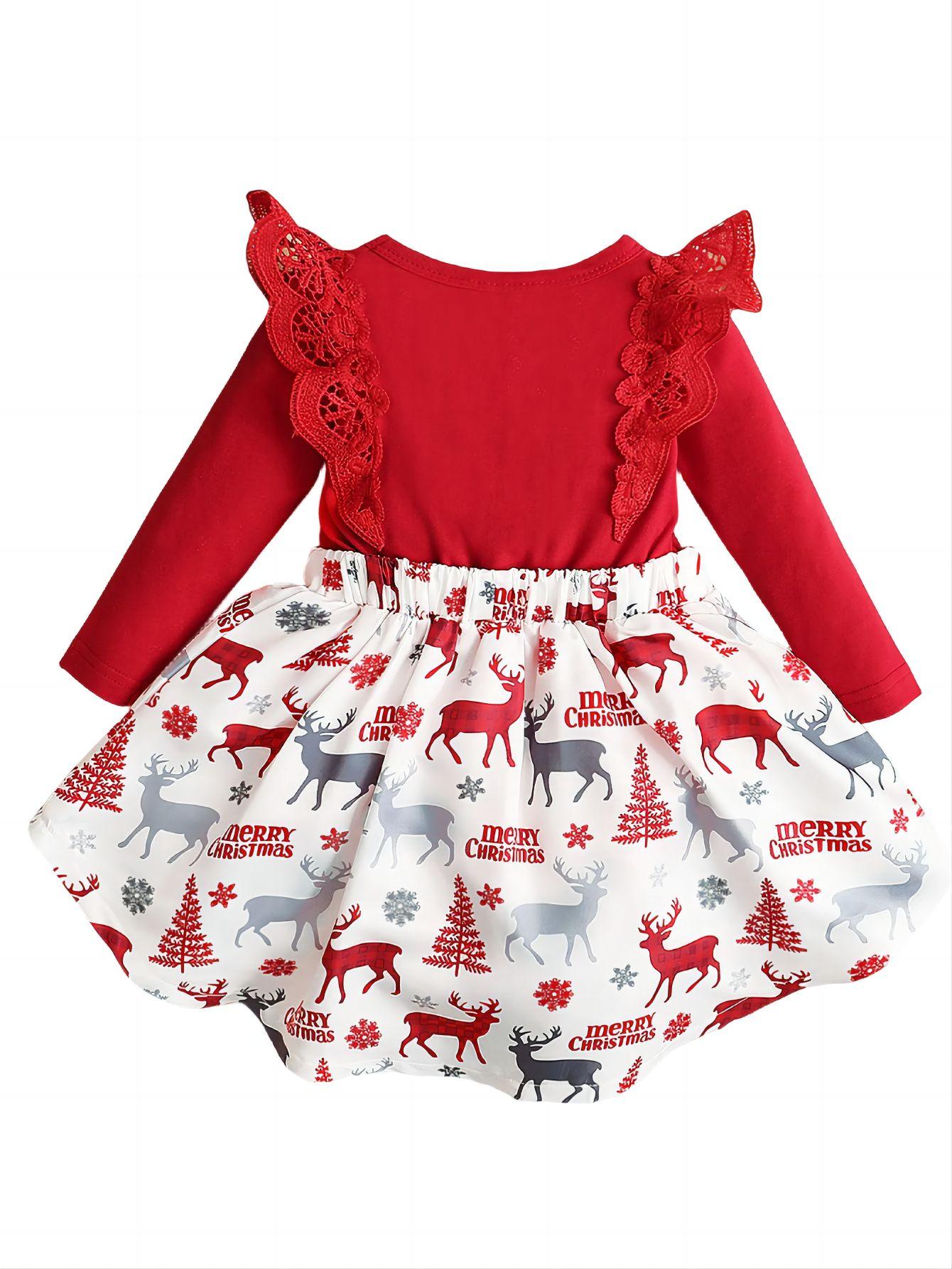 0-18M Ready Stock 0-18M Baby Girls Christmas Gift Lace Ruffle Long Sleeve Splice Elk Print Dress One Piece Romper Dress Red CatpapaYMX2008195-5F