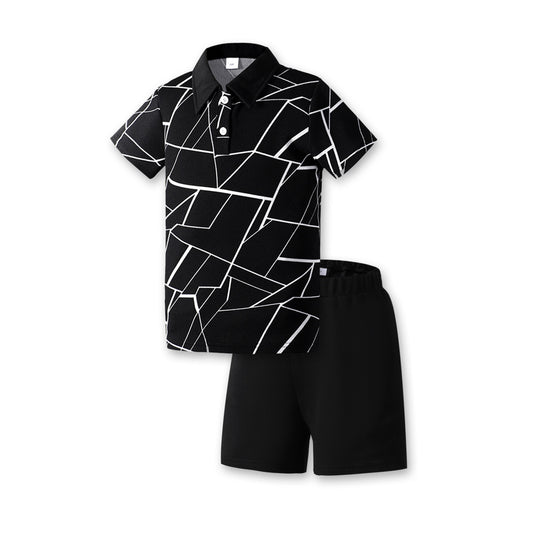 7-15Y Ready Stock Kids Boys Clothes Geographical Printing Summer Turn-down Collar Shirt Elastic Shorts 2Pcs Outfits Set Black Catpapa 462312461