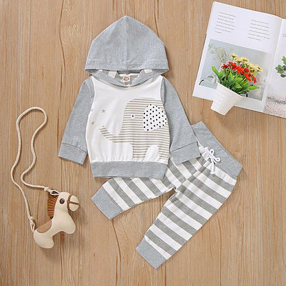 0-12M Newborn Baby boy Clothes Baby boyOutfits Hooded Long Sleeve Top Stripe Pants 2PCS Set Gray Catpapa 197240-1