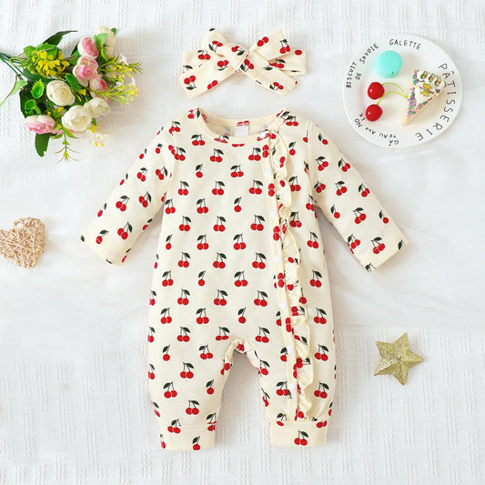 0-9M Ready Stock Baby Girls Clothes Cherry Print Single Breasted Design Romper With Headband 2Pcs Romper Set Apricot Catpapa WJ212211301-1