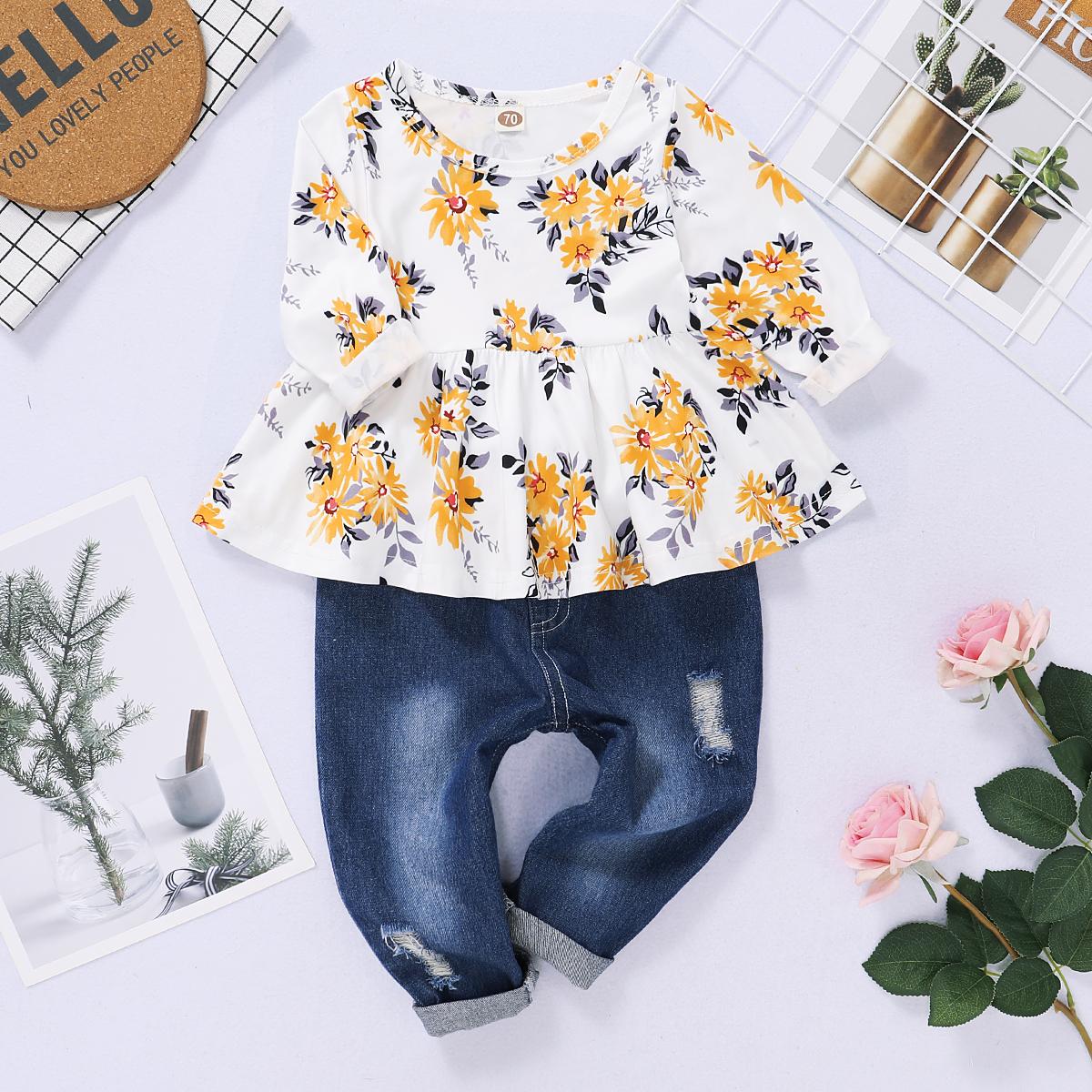 3-18M kid fashion girls Clothes Floral Print Tops Ripped Jeans Pant Outfit 2PCS Catpapa WL20071262-1