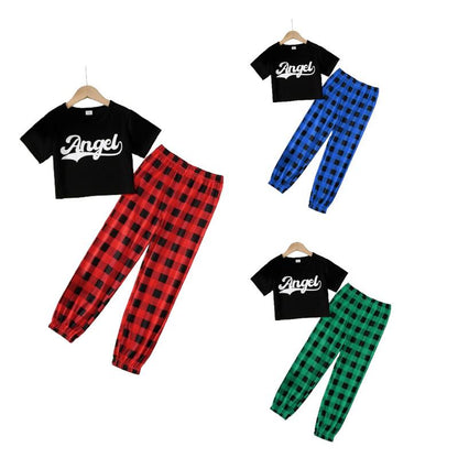 7-14Y Kid Girls Pants Sets "Angel" Letter Print Short Sleeve T-shirt 2Pcs Spring Fall Clothing Red Catpapa 462312012