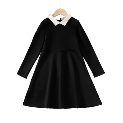 5-14Y Ready Stock Kids Clothes Girls Dress Solid Color Long Sleeve Turn-down Collar Leisure Dress One Piece Elegant Dress Black Catpapa 462305002