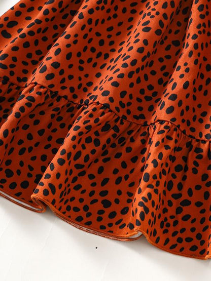 8-14Y Ready Stock 8-14Y Big Girls Dress Elegant Leopard Print Flare Long Sleeve Dress One Piece Trendy Casual Dress For Fall Reddish Brown Catpapa 462308009