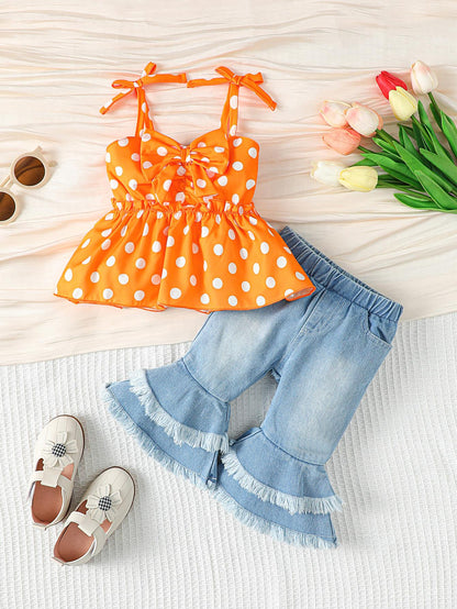 6M-3Y Girls Clothes Wave Point Print Bow Straps Summer Tops Jeans Bell-bottomed Pants 2Pcs Nice Apparel Outfits Yellow Catpapa 112210153