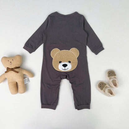 0-18M Ready Stock Baby Boys Romper Letter Print Bear Graphics Jumpsuists Long Sleeve One Piece Bodysuits Gray Catpapa 222120047