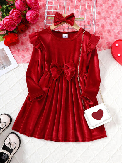 4-6Y Toddler Girl's 2pcs Plain Bow Decor Ruffle Trim Long Sleeve Dress & Hair Band Set,Cute Romantic Kids Fall Winter Outfits Red Catpapa 462311005