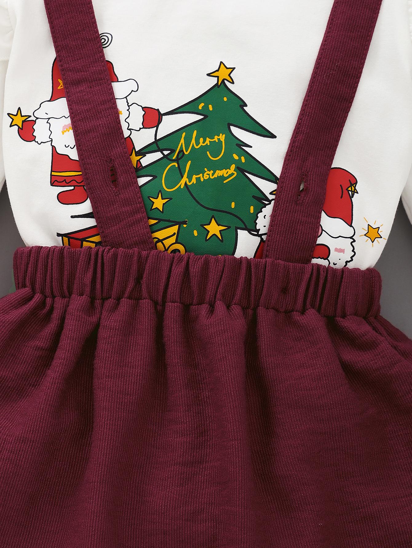 3-24M Baby Girls Clothes Santa Christmas Trees Print Shirt Straps Suspender Skirts 2Pcs Outfits White Catpapa WL20081450
