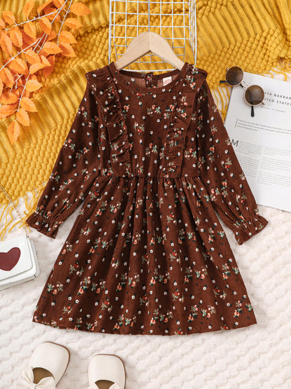 12M-7Y Ready Stock 12M-7Y Kid Toddler Girls Dress Floral Print Long Sleeve Ruffle Corduroy Dress One Piece Casual Dress Catpapa 462308165