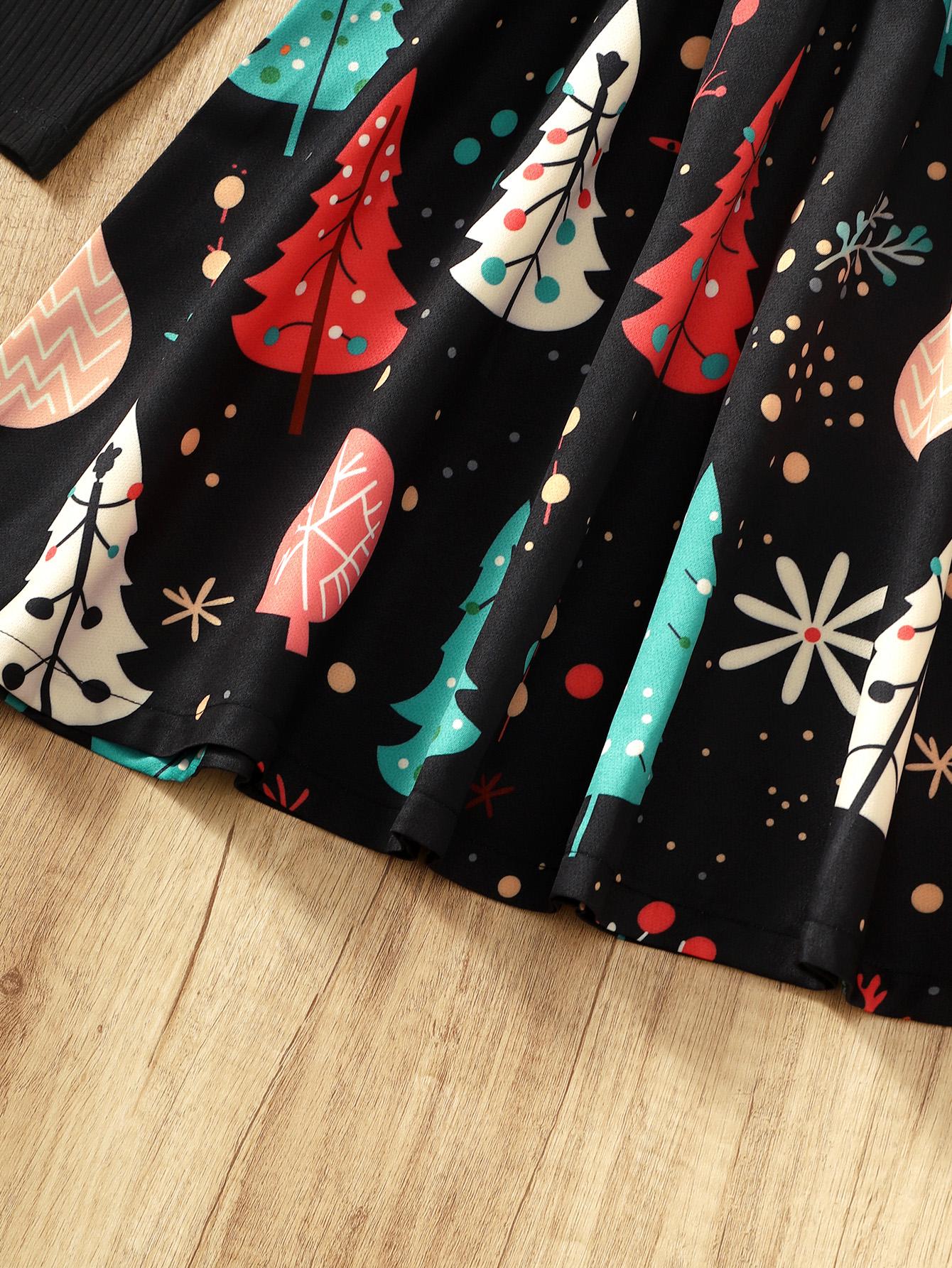 8-14Y Ready Stock  Big Girls Dress Christmas Tree Print Bow Belt Splice Fall Winter Dress One Piece Feast Dress Black Catpapa  462308010
