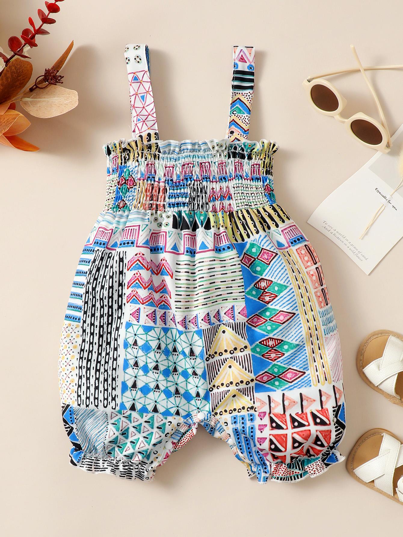 6M-3Y Ready Stock Baby Girls Romper National Pattern Print Splice Jumpsuits Straps Sleeveless One Piece Summer Bodysuits Blue Catpapa 112204619-1