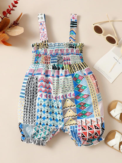 6M-3Y Ready Stock Baby Girls Romper National Pattern Print Splice Jumpsuits Straps Sleeveless One Piece Summer Bodysuits Blue Catpapa 112204619-1