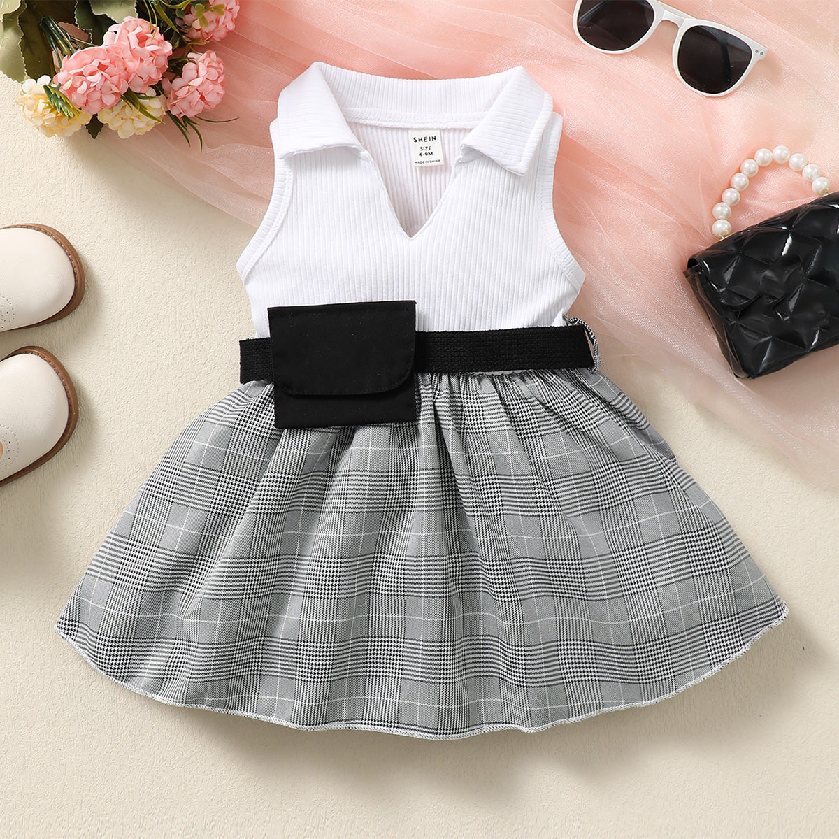 6M-3Y Baby girl lapel black and white checkered sleeveless dress baby girl dress baby girl clothes Catpapa 112211157