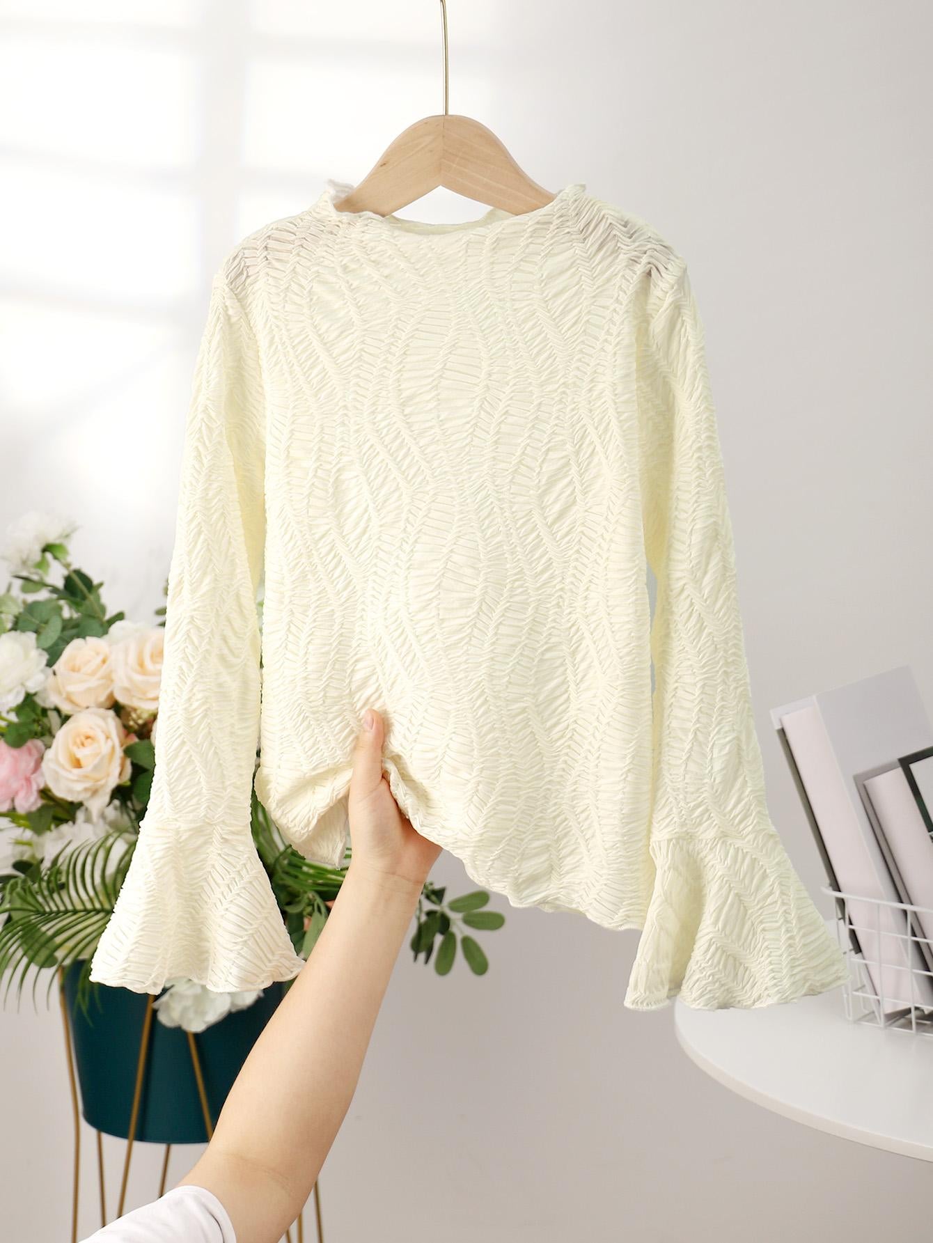 8-14Y Ready Stock 8-14y Big Girls Mock Neck Flare Sleeve Textured Fabric Sweater Elegant Top For Spring And Autumn Apricot Catpapa 462307020