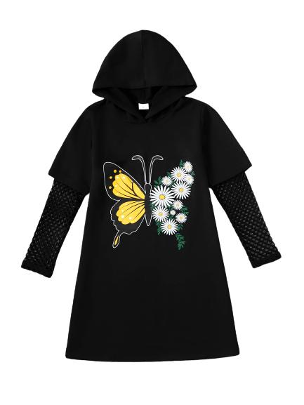 8-14Y Kid Girls Dress Butterfly Daisy Print Grid Hollow Out Long Sleeve Hoodies Dress One Piece Casual Dress 8-14Y Black Catpapa 462308031