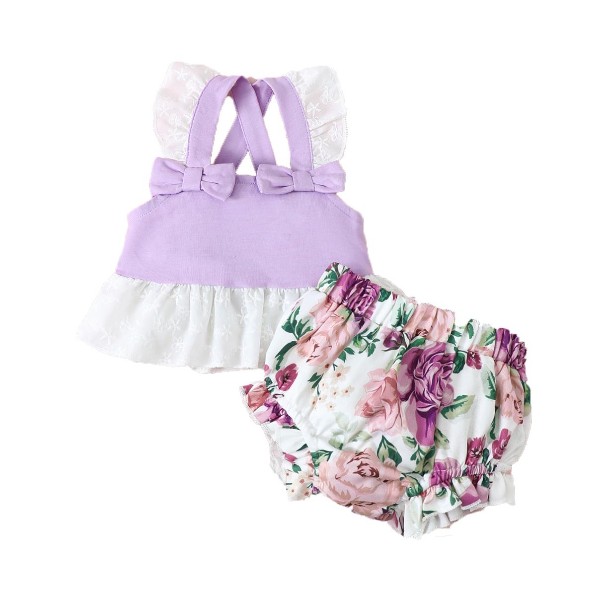 6M-3Y Ready Stock Baby Girls Summer Clothes Lace Bow Straps Tops Elastic Shorts 2pcs Outfits Purple Catpapa GS112211302
