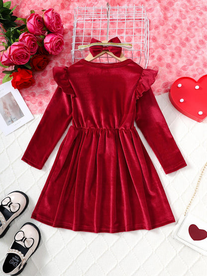 4-6Y Ready Stock 4-6y Toddler Girl's 2pcs Plain Bow Decor Ruffle Trim Long Sleeve Dress & Hair Band Set,Cute Romantic Kids Fall Winter Outfits Red Catpapa 462311005