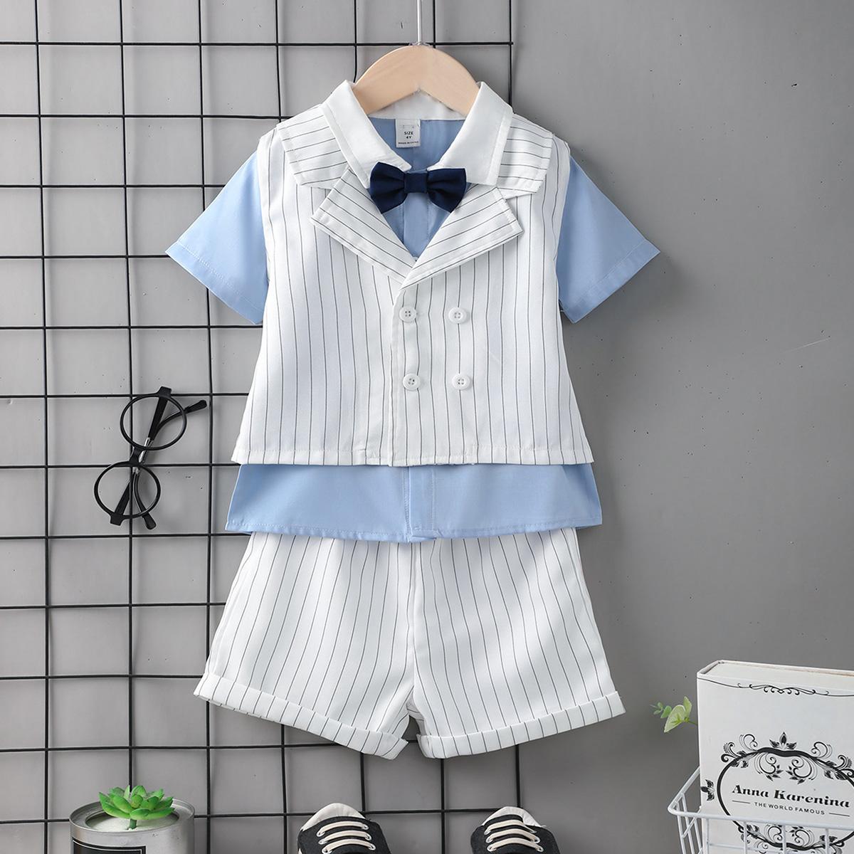 3-7Y Kids Fashion Boys Clothes Courtly Style Turn-down Shirts Stripe Vest Shorts 3Pcs Gentle Outfits Blue Catpapa 112211152