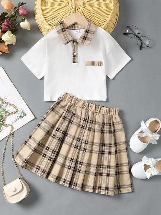 8-14Y Ready Stock Kid Girls 2pcs Preppy Patchwork Button Polo Short Sleeves Tops Plaid Pleated Skirt Set Summer Clothes White Catpapa 623010001