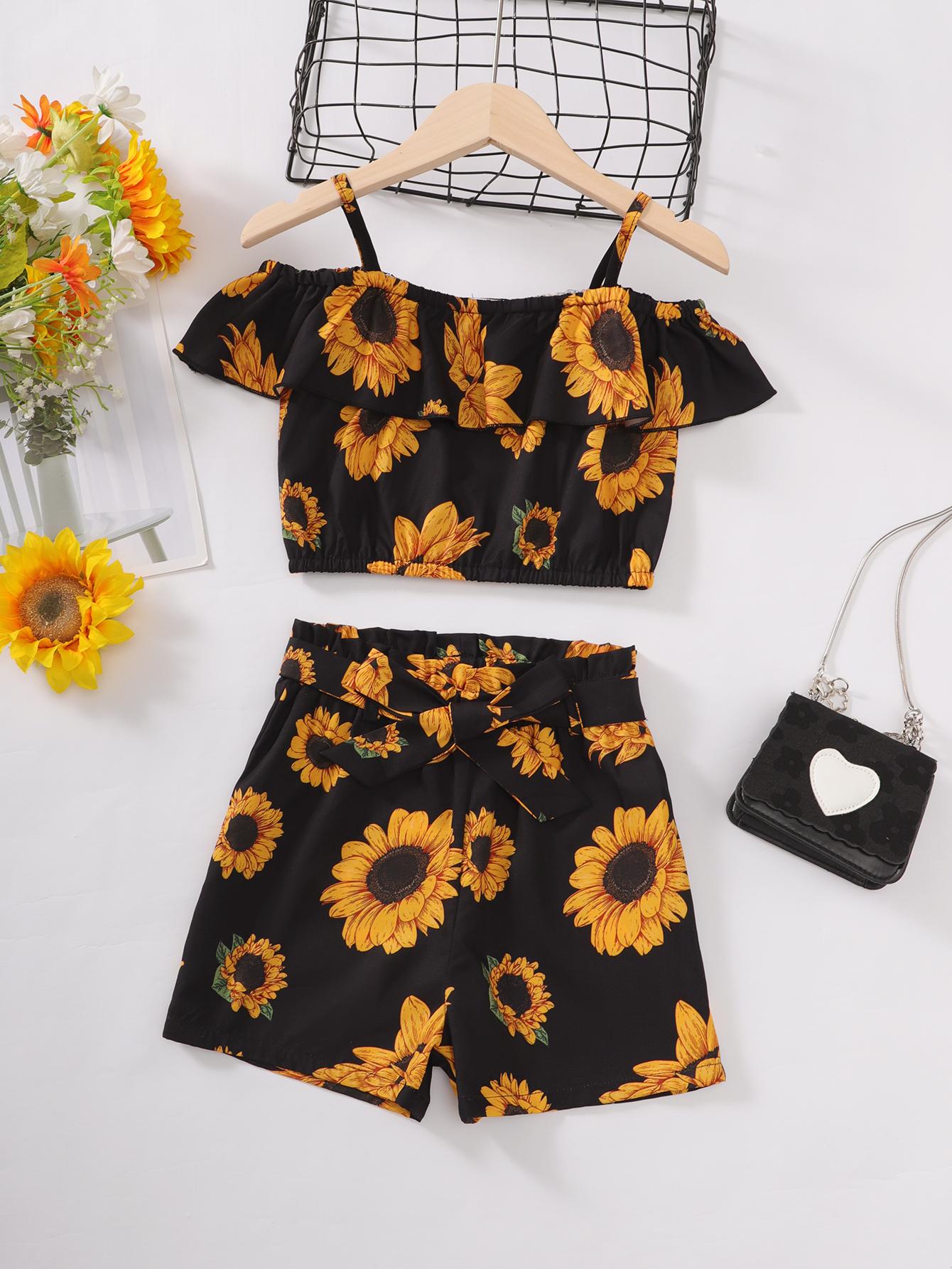 5-14Y Ready Stock Kids Girls Summer Outfits Sunflower Print Straps Lotus Leaf Collar Tops Elastic Shorts 2Pcs Clothes Set Black Catpapa 462302006