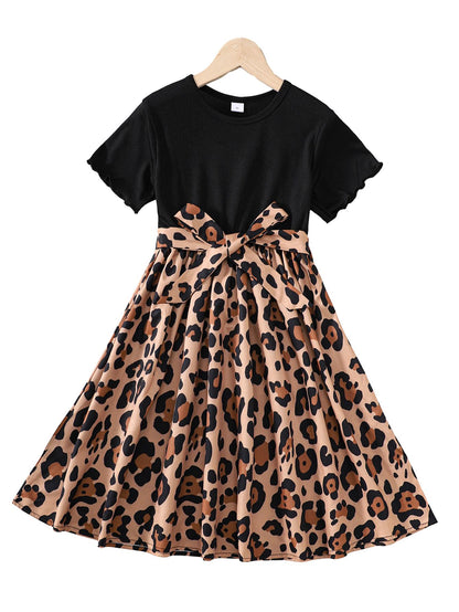 8-14Y  Ready Stock  Big Girls Dress Leopard Print Splice Short Sleeve Summer Casual Dress With A Belt Black  Catpapa 462311016