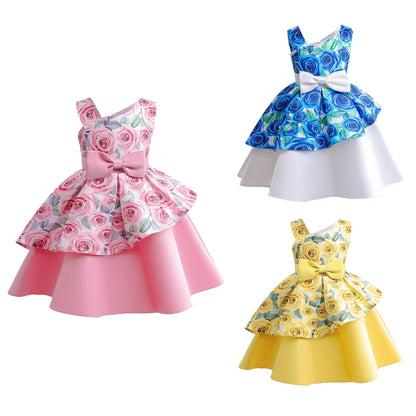 2-10Y Baby Girls Princess Dress Floral Bow Sloping Shoulder Summer Performance Dress One Piece Party Dress Catpapa ZT-8576