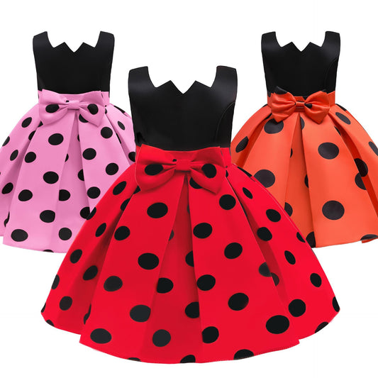 2-10Y Princess Dress For Girls Wave Point Print Bow Full Dress Performance One Piece Party Dress Catpapa ZT-8046