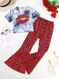 8-14Y Ready Stock 2pcs Girls Casual Tie-dye Valentine's Day Lips Graphic Crew Neck Short Sleeve T-shirt Elastic Leopard Print Flare Pants Set For Summer Gift Catpapa 462312016
