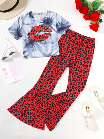 8-14Y 2pcs Girls Casual Tie-dye Valentine's Day Lips Graphic Short Sleeve T-shirt Elastic Leopard Print Flare Pants Set For Summer Catpapa 462312016