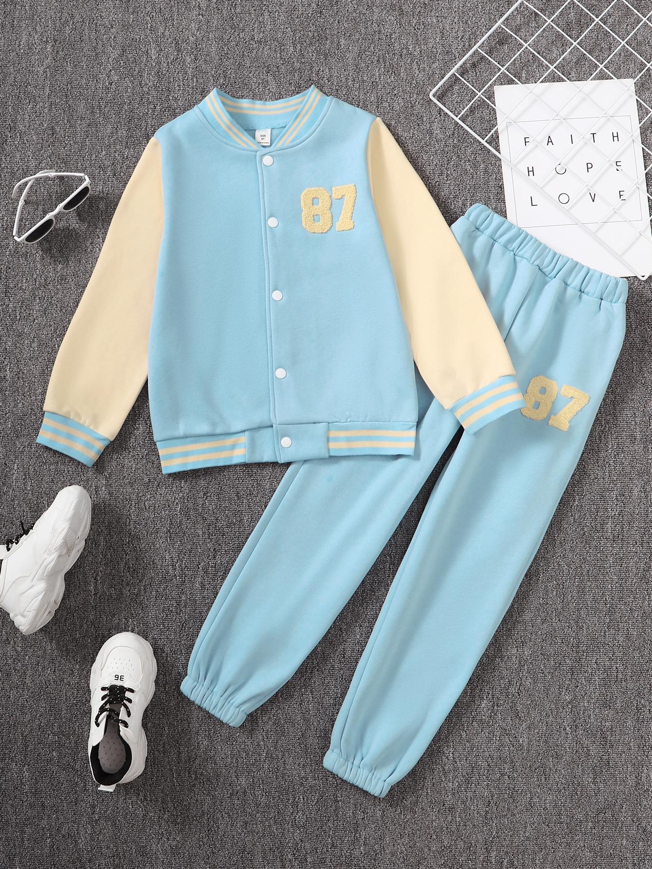 8-12Y Kids Fashion Ready Stock Boys Clothes "87" Baseball Jacket Elastic Pants 2Pcs OOTD Blue catpapa YCF112210451