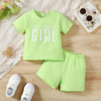 6M-3Y Ready Stock Baby Girls Summer Outfits "Mama's Girl" Print Casual Set, Ribbed T-shirt & Shorts, 2Pcs Clothes From 6M-3Y Catpapa GS132312159