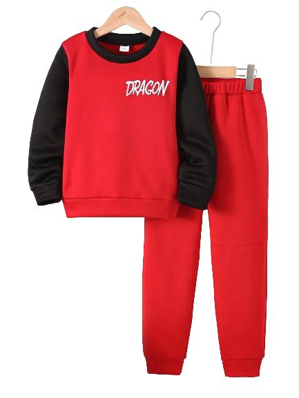 7-15Y Big Boys New Year Pants Sets Dragon Print Colour Block Solid Joggers 2Pcs Clothing For Kids Outdoor Activities Red Catpapa 462312002