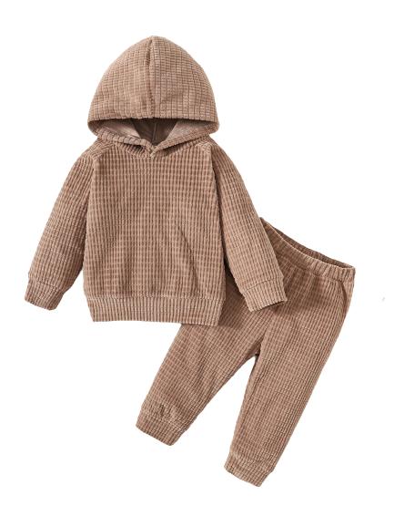 6M-3Y Ready Stock Baby Boys Clothes Boys Waffle Pattern Casual Knitted Long Sleeve Hoodies Tops Elastic Pants 2Pcs Outfits Size: 6M-3Y Khaki Catpapa 462308182