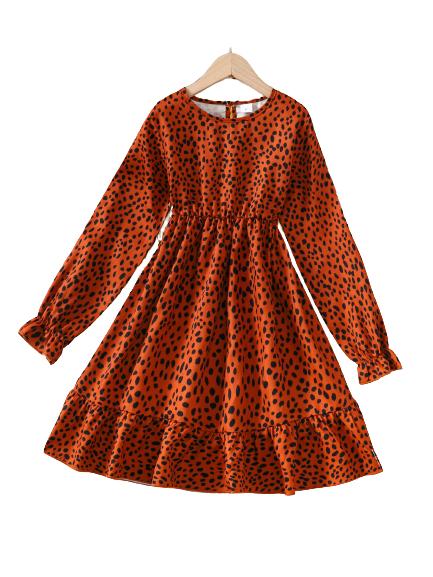 8-14Y Ready Stock 8-14Y Big Girls Dress Elegant Leopard Print Flare Long Sleeve Dress One Piece Trendy Casual Dress For Fall Reddish Brown Catpapa 462308009