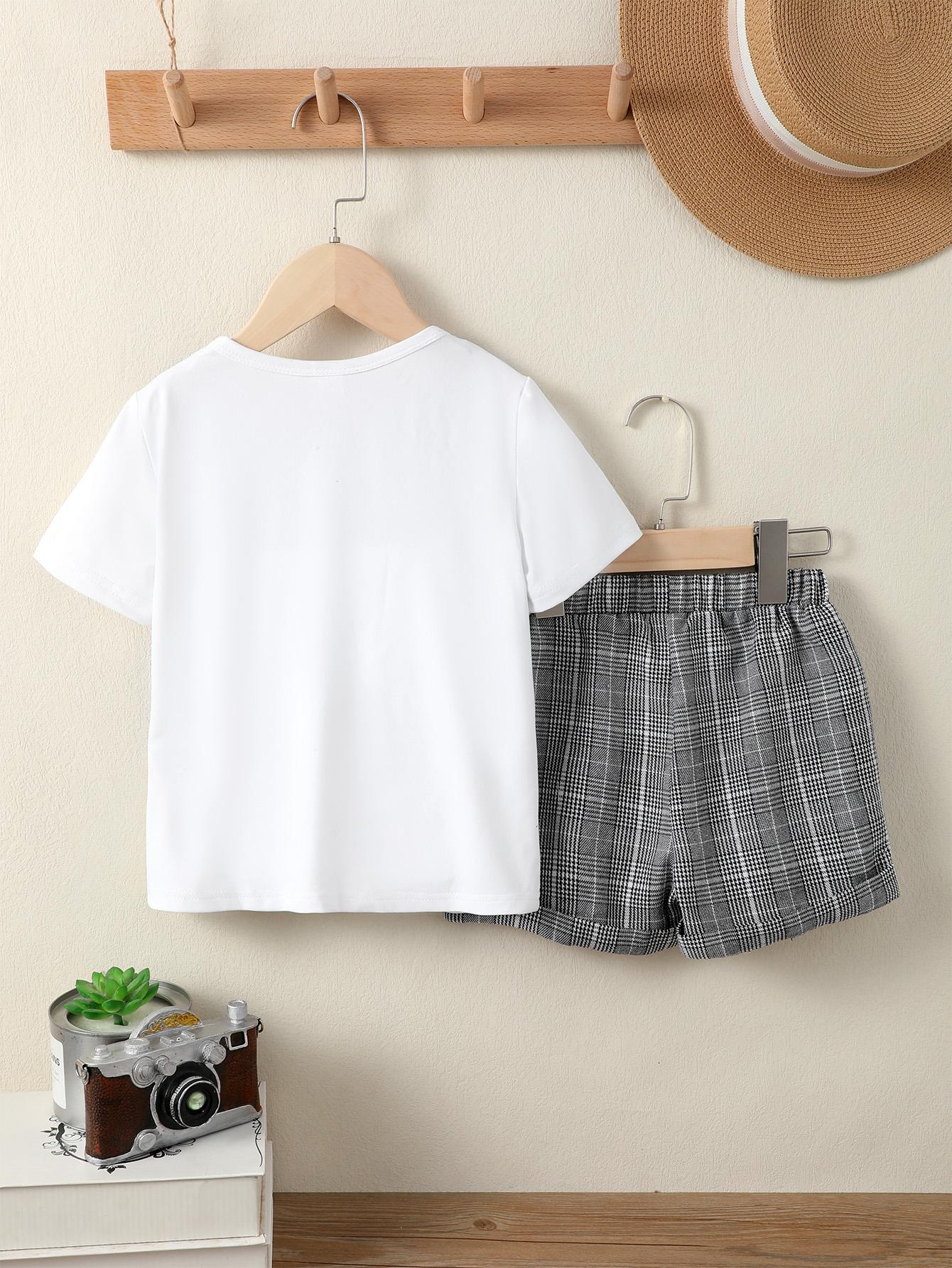 4-7Y Kids Fashion Boys Clothes Baby Gentle Outfits Plaid Short Sleeve Tops Shorts White Catpapa 112211156