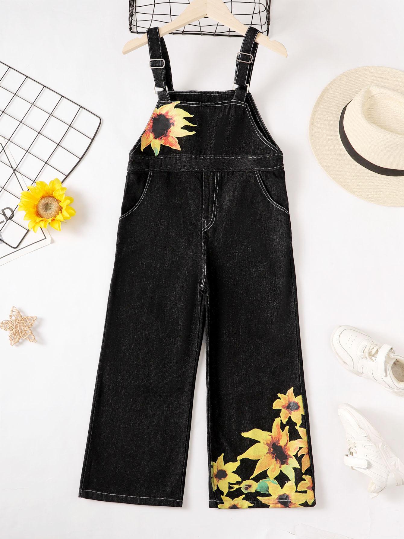 4-9Y kid fashion Girls Pants Jeans Sunflower Straps Suspender Pants Catpapa SL202303102