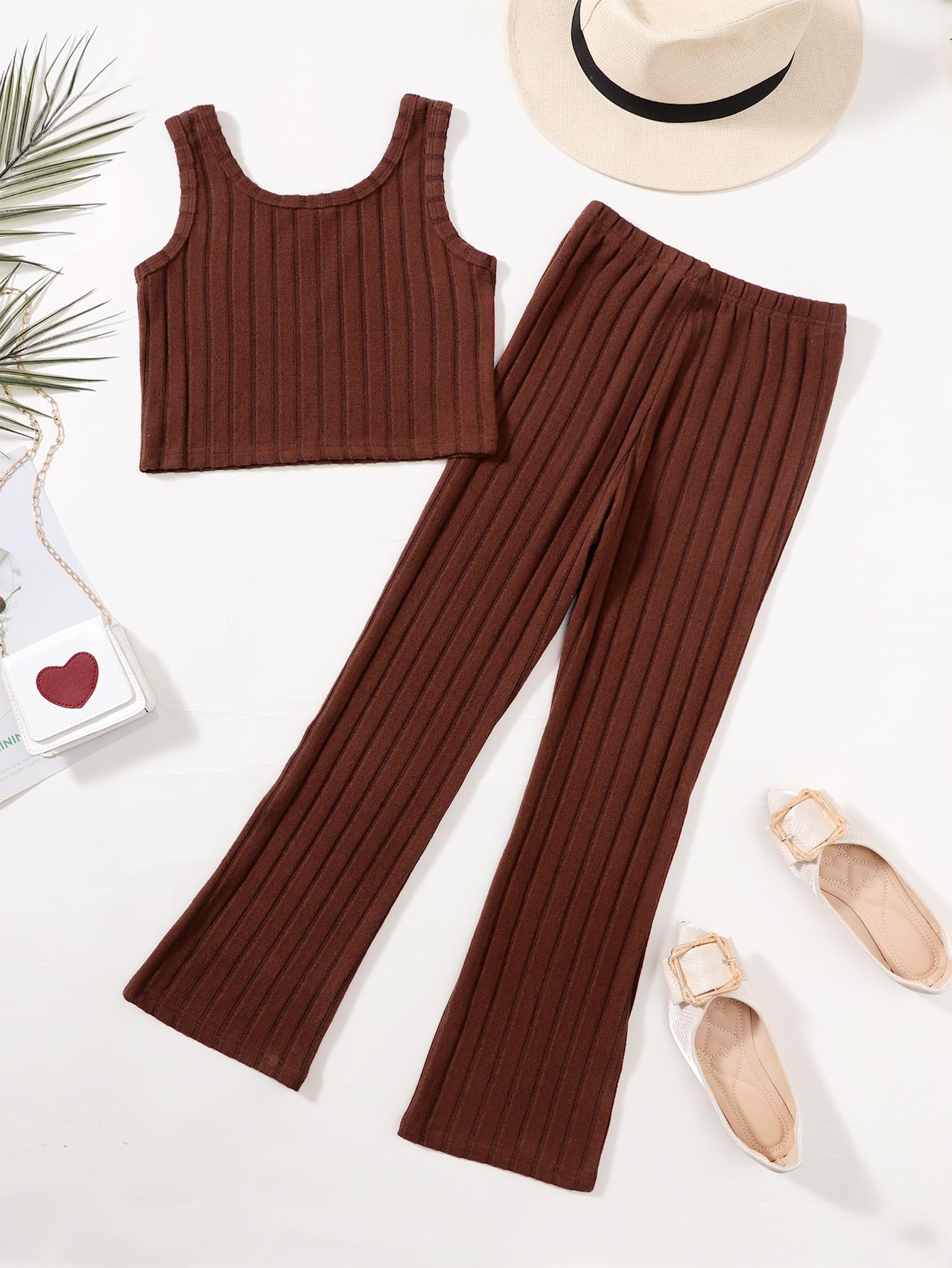 7-14Y Ready Stock Big Girls Summer Rib-knit Outfits Versatile & Classy Sleeveless Top & Skinny Pants Set 2Pcs Clothing From 7Y-14Y Brown Catpapa 462402007