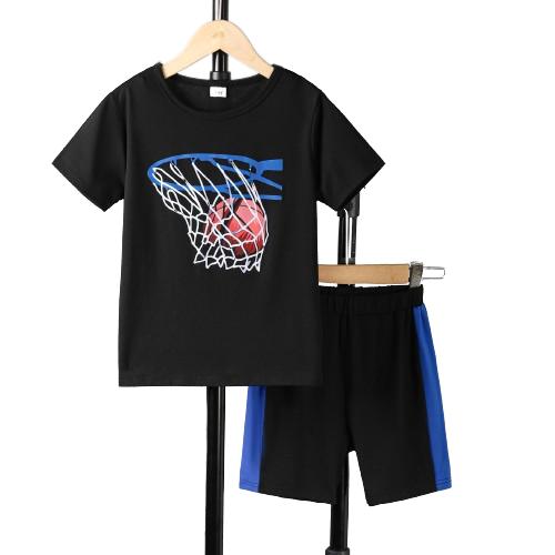 7-15Y Ready Stock Kids Clothes Boys Clothes Shorts Sets Basketball Pattern T-shirts Elastic Sport Style Shorts 2Pcs Outfits For Summer Black Catpapa 462306017
