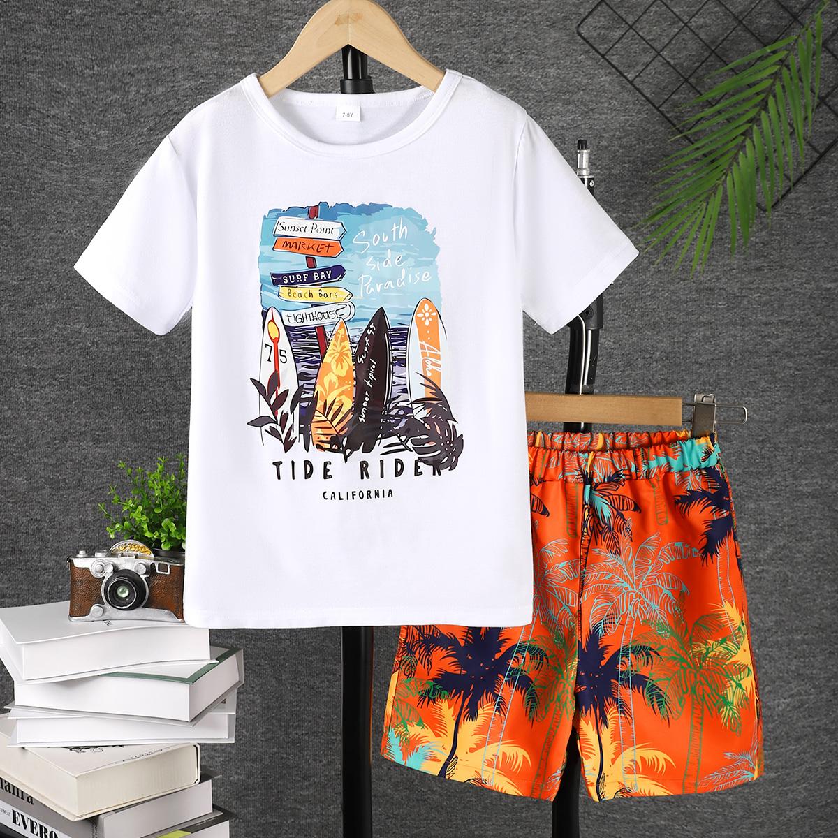 7-15Y Ready Stock Kids Clothes Boy Outifts Shorts Sets Summer Seaside Holiday Style T-shirt Elastic Rainforest Shorts 2Pcs Clothes Set White Catpapa 462306012