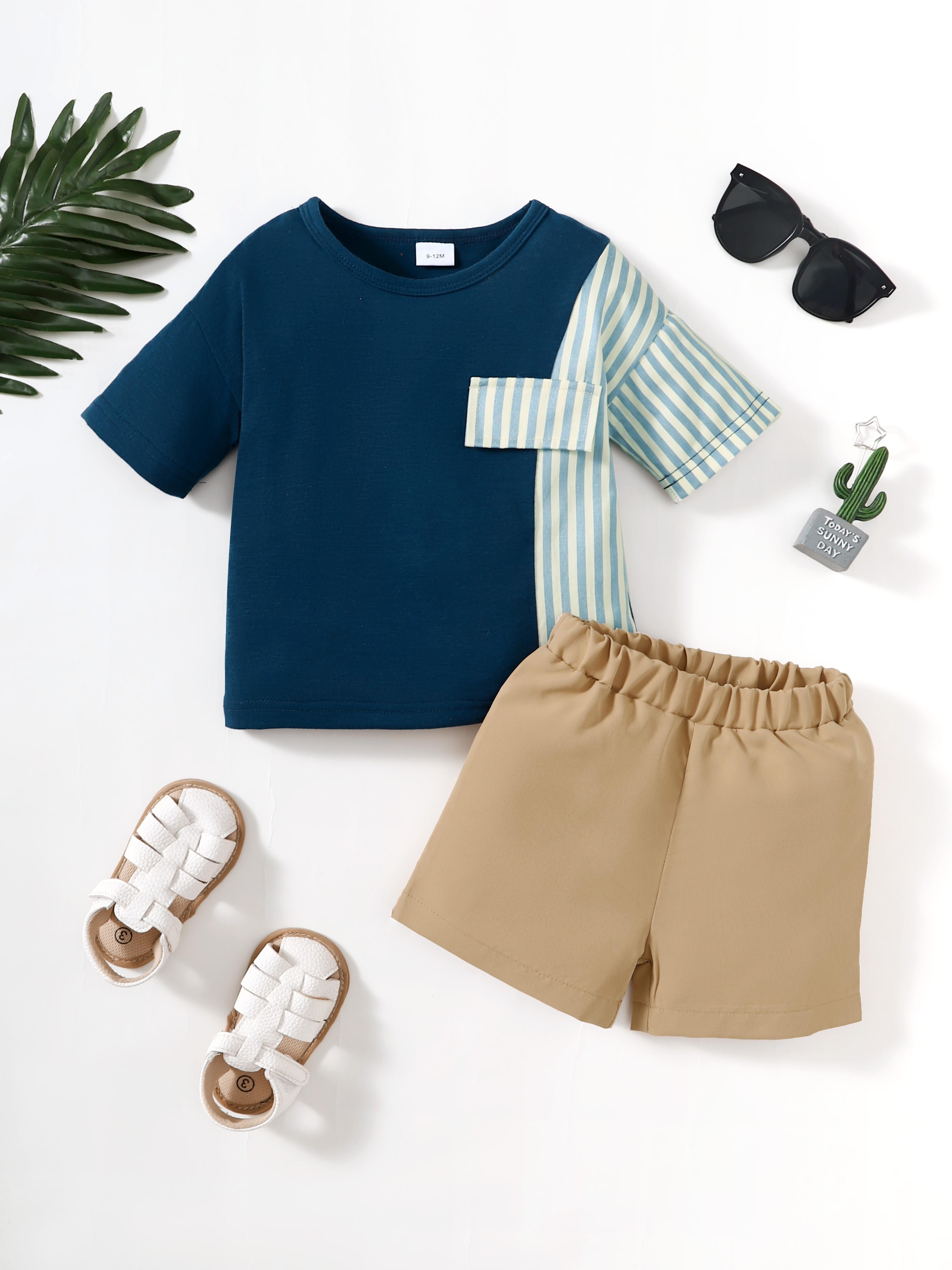 3-24M Ready Stock [3-6m] Baby Boys Summer Clothes Stripe Fake Pocket Color Block Casual Shirt Elastic Shorts 2Pcs Outfit Sets Blue Catpapa 462307305
