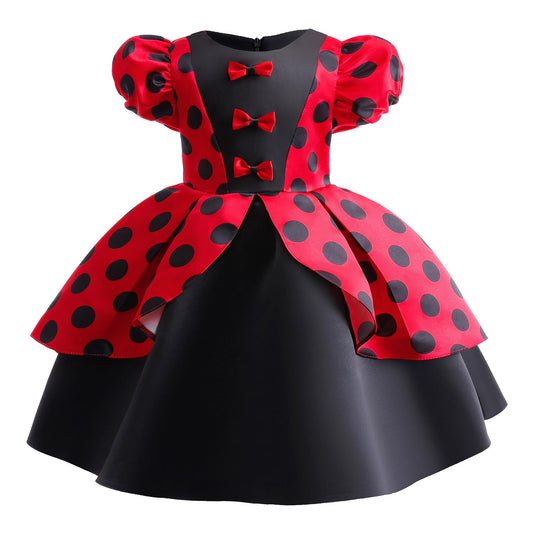 2-10Y Baby Girls Princess Dress Retro Wave Point Print Bubble Sleeve Dress One Piece Party Eneving Dress Red ZT-8685