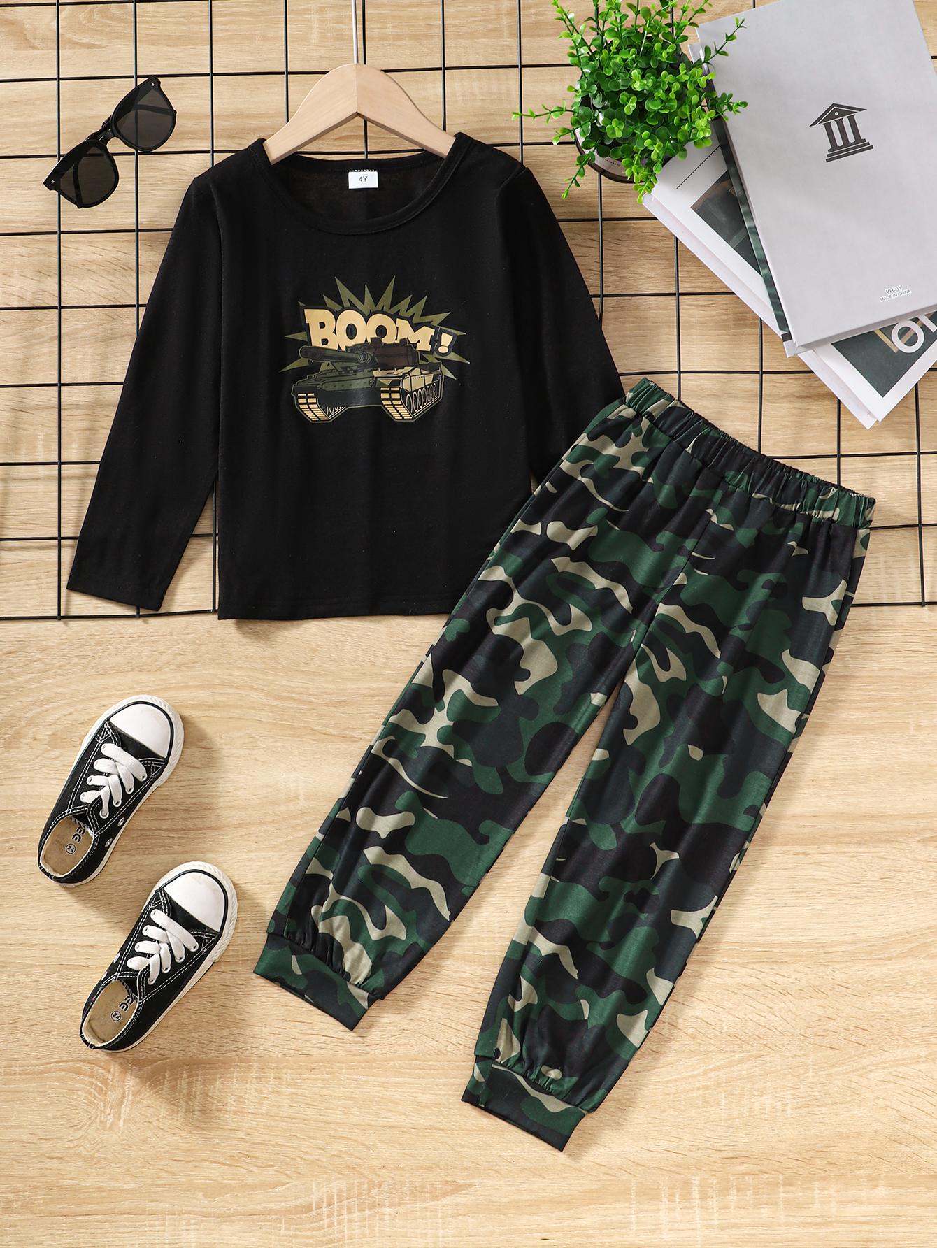 3-7Y Ready Stock Baby Boys Clothes Car Print Pattern Long Sleeve T-shirt Elastic Camouflage Pants 2PCS Outfit Sets Black Catpapa  462305011