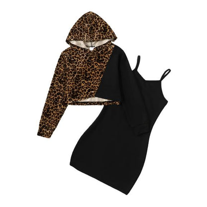 8-14Y Kid Girls Outfits Leopard Pattern Hoodies Short Sweater Hoodies Sleeveless Dress 2Pcs Nice Apparel Clothes Set Black Catpapa  462308013