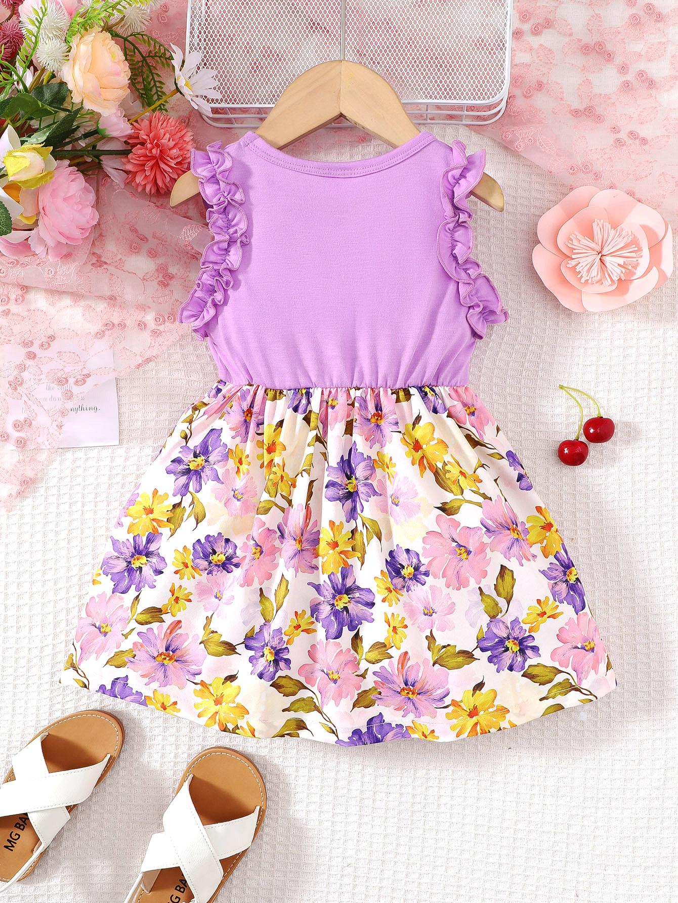 6M-3Y Ready Stock 6m-3y Baby Girls Dress Floral Print Bows Sleeveless Summer Toddler Girls Dress One Piece Casual Dress Purple Catpapa132312157-1