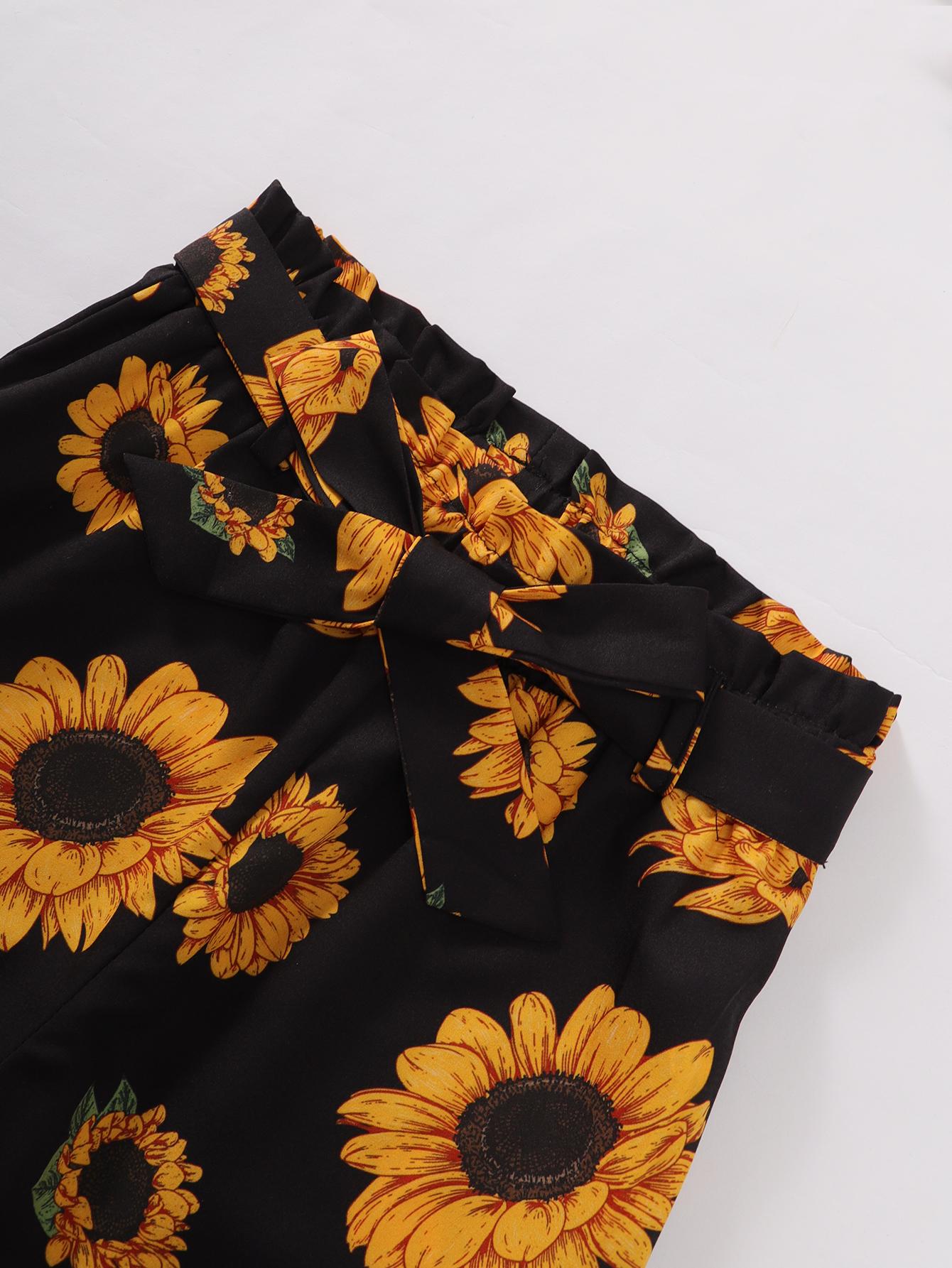 5-14Y Ready Stock Kids Girls Summer Outfits Sunflower Print Straps Lotus Leaf Collar Tops Elastic Shorts 2Pcs Clothes Set Black Catpapa 462302006