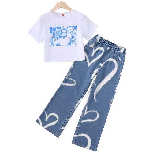 7-14Y Ready Stock Retro Figure Print 2pcs Girl's Short Sleeve T-Shirt Top + Heart Pattern Jeans Casual Pants Set, Summer Girls Outfit 7-14y Catpapa 462312024