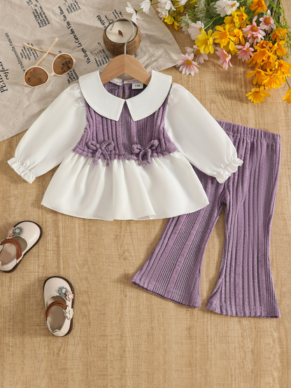 Wholesale 6M-3T Girls 2Pcs Bow Print Patchwork Long Sleeve Outfit Set, Soft Vertical Rib Knit Toddler Blouse & Flare Pants