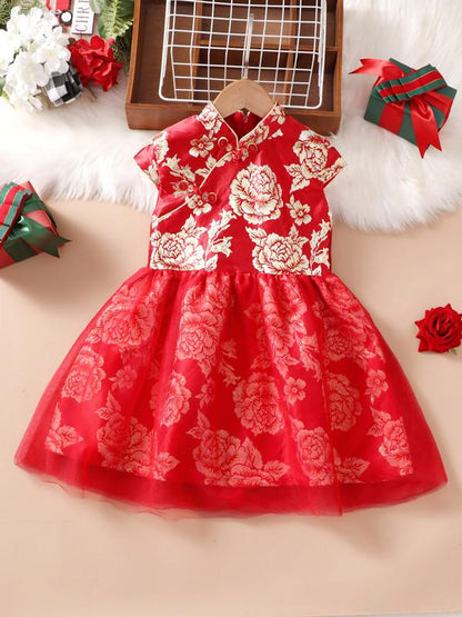 12M-7Y Ready Stock Girls Gauze Satin Dress Tangzhuang Chinese Style Peony Embroidery V-neck Cheongsam Qipao Sleeveless Dress Clothes From 12M-7T Red  Catpapa YL1193